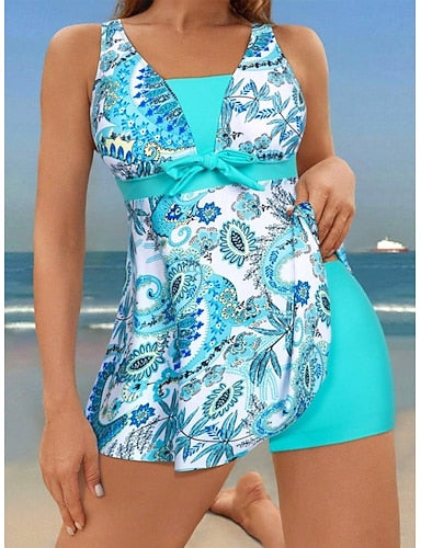 Swimwear Tankini 2 Piece High Waist Swimsuit Backless Vacation Beach Wear Graphic V Neck Sleeveless Bathing Suits