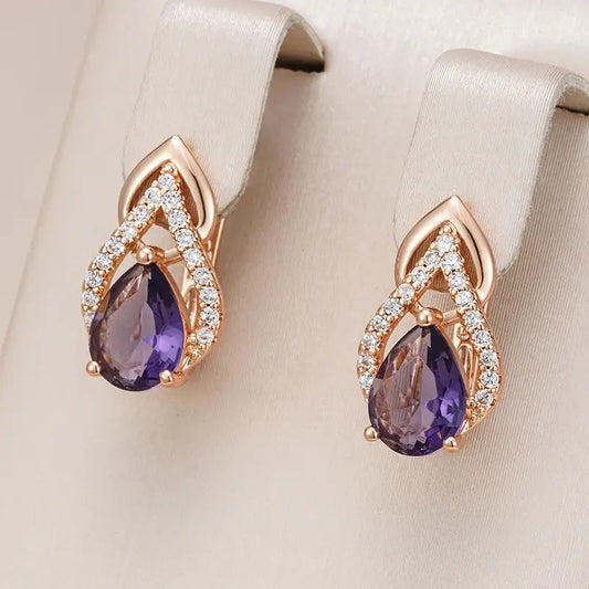 Purple Crystal Drop Earrings in Gold