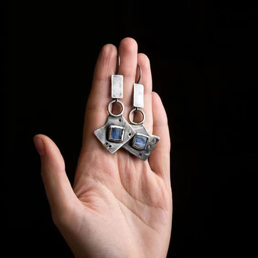 Vintage Geometric Earrings With Blue Stone