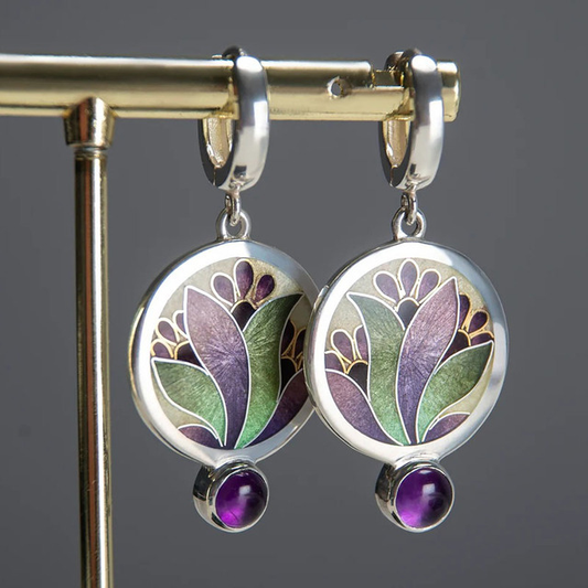 Earrings With Purple Crystals Made of Silver