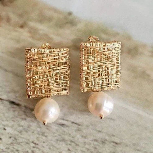 Gold Thread Earrings With Pearls