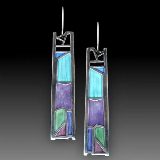 Blue Enamel Rectangular Earrings