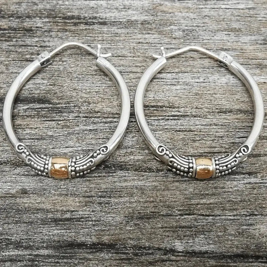 Silver Carved Pattern Hoop Earrings
