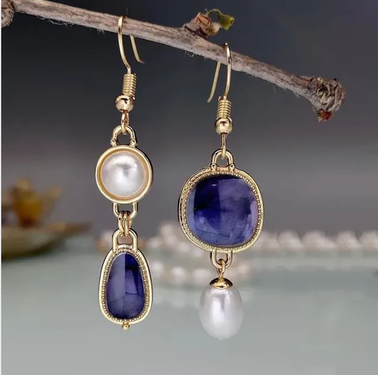 Blue Stone & Pearl Gold Earrings