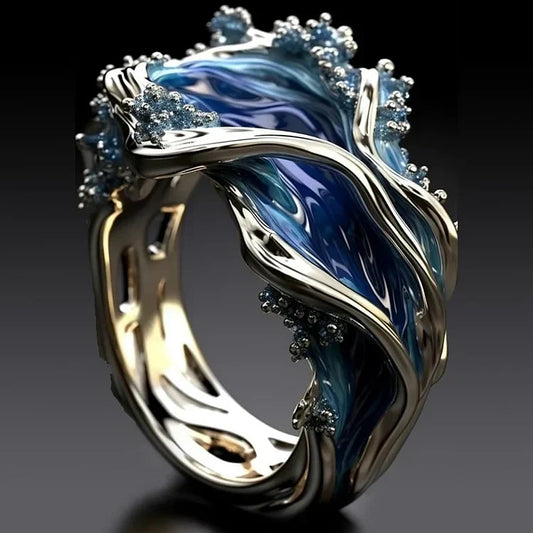 Antique Golden Ocean Wavy Ring | White Gold