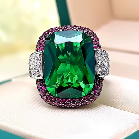 Green & Violet Glass Silver Ring
