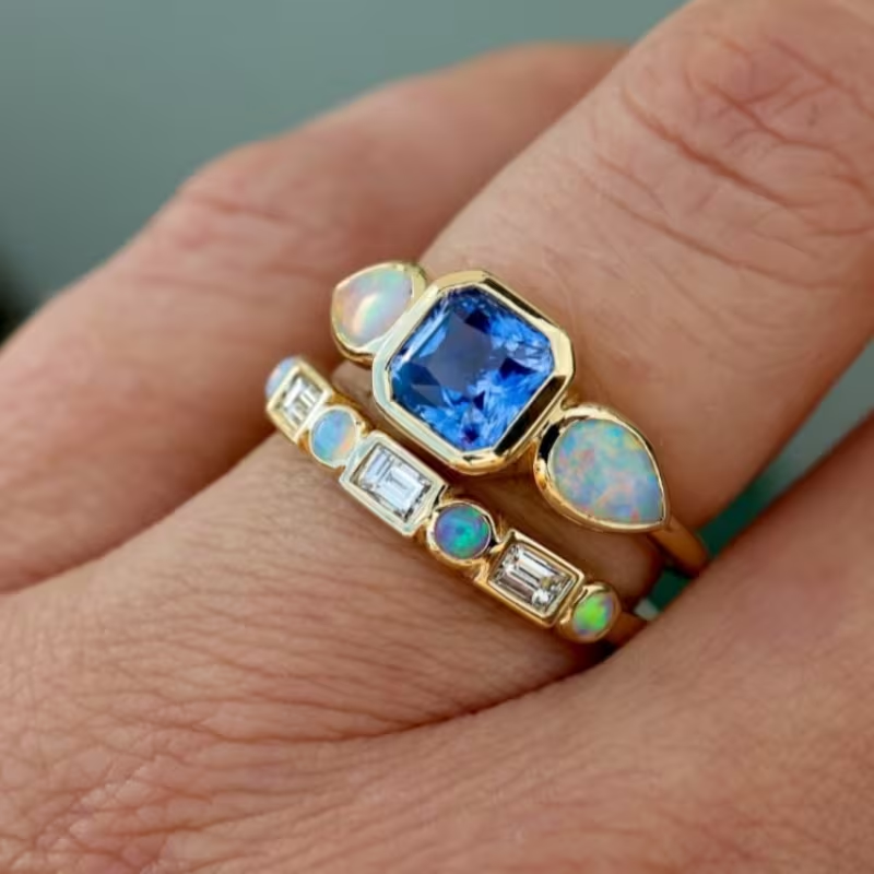 Vintage Opal Blue Ring Set
