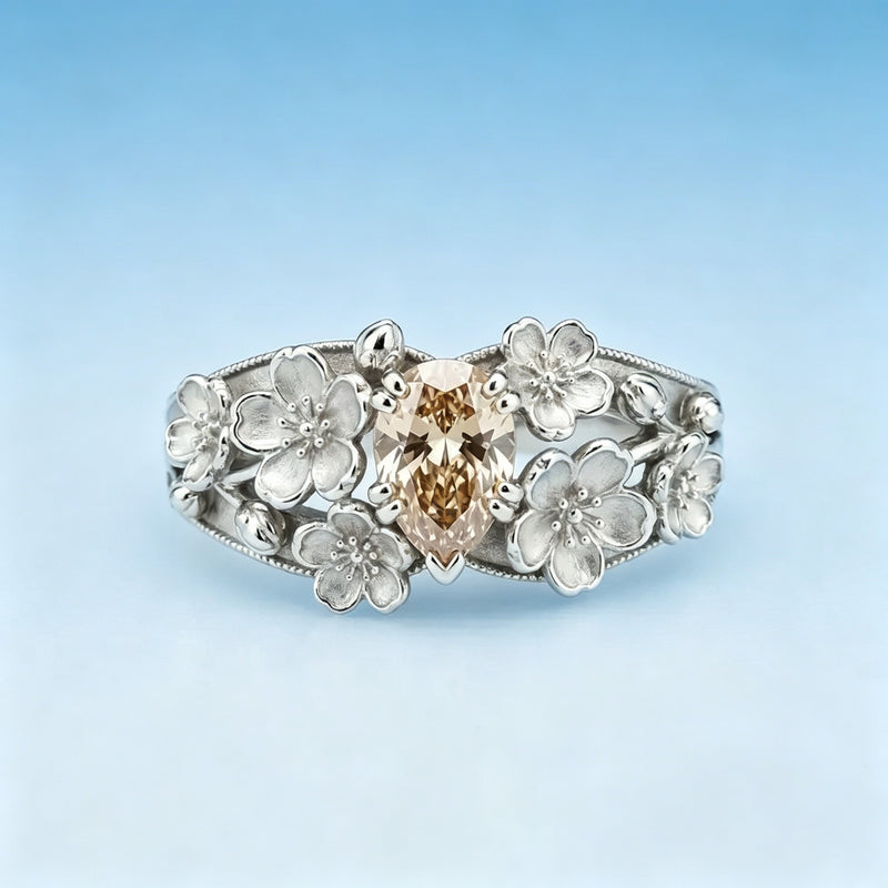 Green Nature Crystal Flower Silver Ring