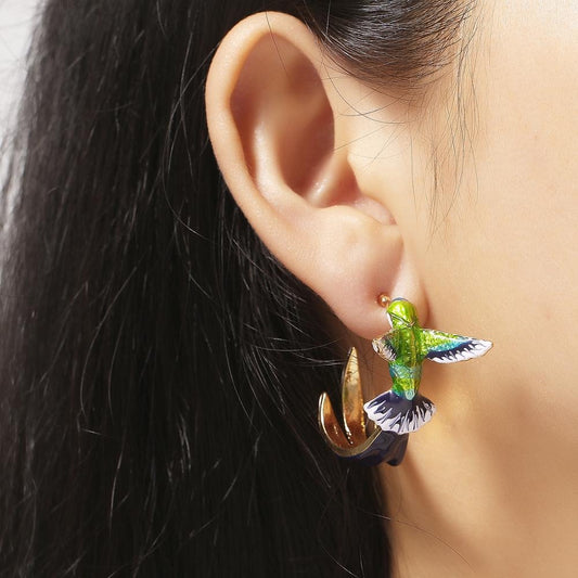 Vintage Enamel Hummingbird Hoop Earrings