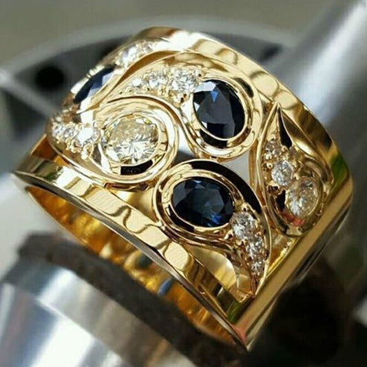 Vintage Inlaid Blue Drop Crystal Gold Ring
