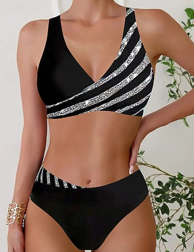 Tankini Two Piece Swimsuit V Neck Swimwear Stripes Swimwear Black Wine Breathable Quick Dry Lightweight Sleeveless - Swimming Surfing Beach Summer Spring