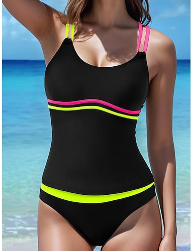 Tankini 2 Piece Swimsuit Slimming Cheeky Tummy Control High Waist Slim Backless Vacation Beach Wear Stripe Scoop Neck Sleeveless Bathing Suits