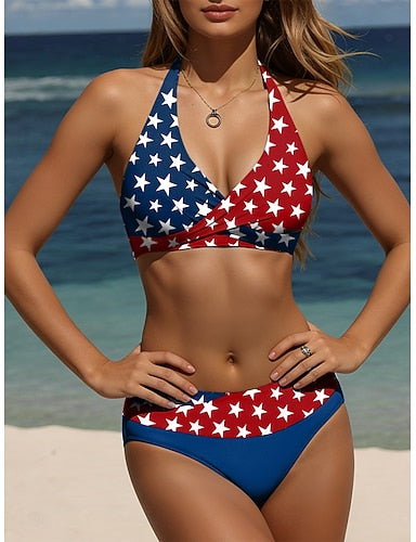 Swimwear Bikini Briefs Swimsuit Vacation Graphic Flag V Neck Sleeveless Bathing Suits