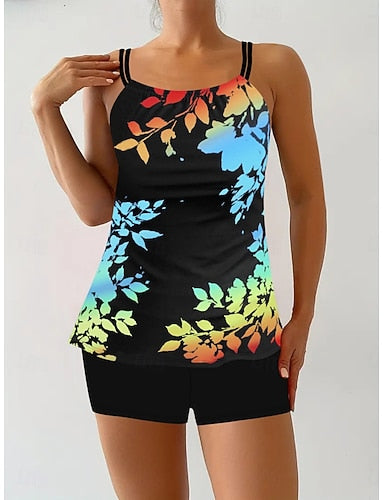 Tankini 2 Piece Swimsuit Boy Leg Tummy Control High Waist Slim Backless Vacation Beach Wear Leaves Scoop Neck Sleeveless Bathing Suits