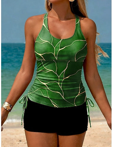 Tankini 2 Piece Swimsuit Ruched Shorts Backless Vacation Beach Wear Ombre Graphic Scoop Neck Sleeveless Bathing Suits