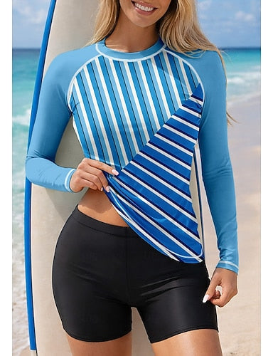 Rash Guard Swimsuit Rash Guard Tankini Swimsuits Geometric Color-blocking 2 Piece Removable Pad Boyleg Uv Sun Protection Upf50+ Uv Protection Long Sleeve Swimwear Sun Shirt Surfing Canoeing