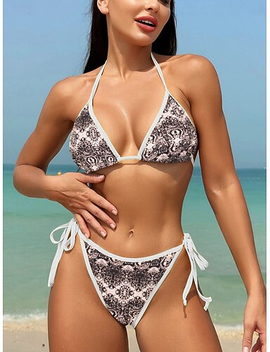 Bikini 2 Piece Swimsuit Leopard Thong Slim Backless Vacation Beach Wear Paisley Halter Neck Sleeveless Bathing Suits