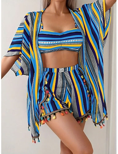 Swimwear Bikini Three Piece Shorts Swimsuit Slim Backless Vacation Beach Wear Striped Halter Neck Sleeveless Bathing Suits