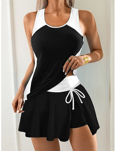 Swimwear Tankini 2 Piece Skirt Swimsuit Drawstring Tummy Control High Waist Slim Backless Vacation Beach Wear Color U Neck Sleeveless Bathing Suits
