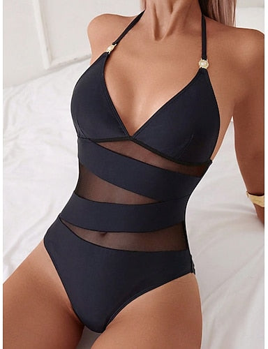 Swimwear One Piece Monokini Swimsuit Mesh Tummy Control High Waist Slim Backless Vacation Beach Wear Color V Neck Sleeveless Bathing Suits