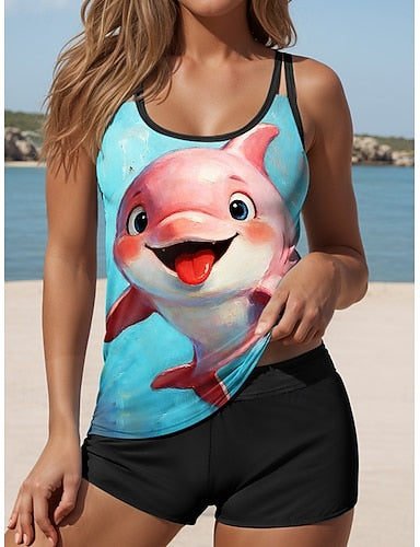 Swimwear Tankini 2 Piece High Waist Swimsuit Backless Vacation Beach Wear Graphic Animal U Neck Sleeveless Bathing Suits