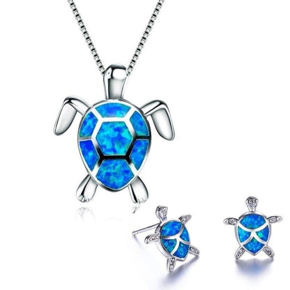 Sea Turtle Necklace + Earrings Set In Opal And Silver | Sustainable Ocean-Inspired Jewelry