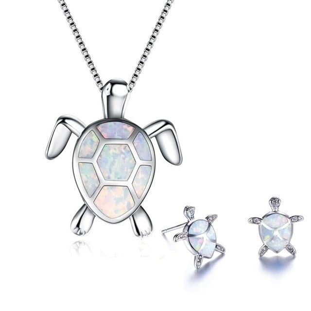 Sea Turtle Necklace + Earrings Set In Opal And Silver | Sustainable Ocean-Inspired Jewelry