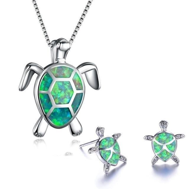 Sea Turtle Necklace + Earrings Set In Opal And Silver | Sustainable Ocean-Inspired Jewelry