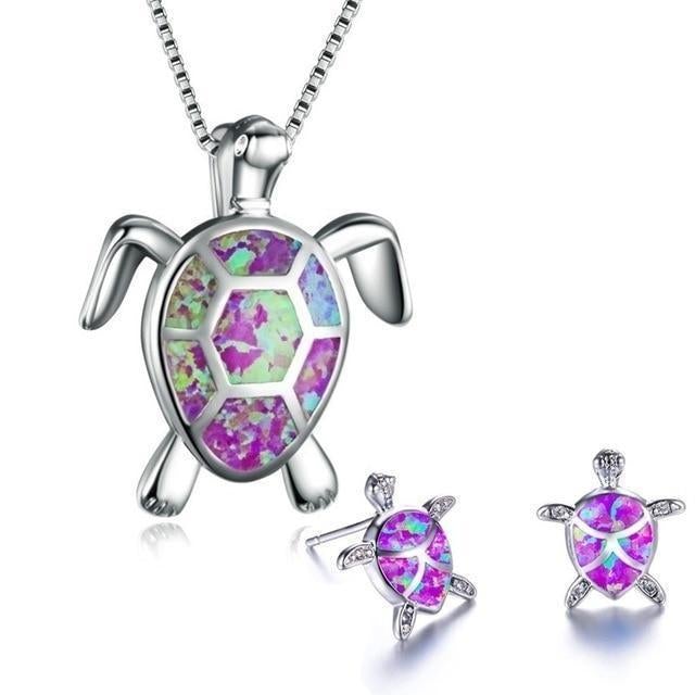 Sea Turtle Necklace + Earrings Set In Opal And Silver | Sustainable Ocean-Inspired Jewelry