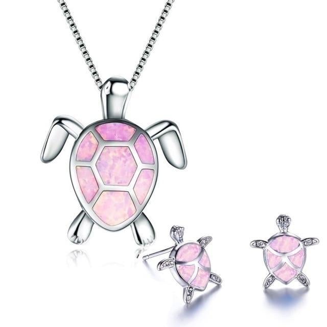 Sea Turtle Necklace + Earrings Set In Opal And Silver | Sustainable Ocean-Inspired Jewelry
