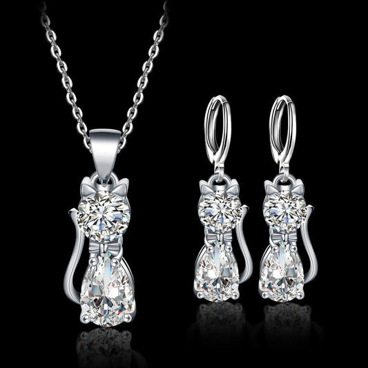 Happy Cat Necklace and Earring Set Made of Silver and Polished White Zirconia