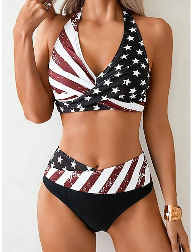 Swimwear Bikini Briefs Swimsuit Vacation Graphic Flag V Neck Sleeveless Bathing Suits