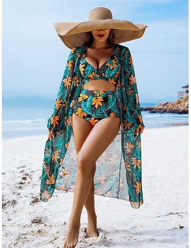 Bikini 3 Piece Swimsuit Palm Cheeky Slim Backless Vacation Beach Wear Leaves V Neck Sleeveless Bathing Suits