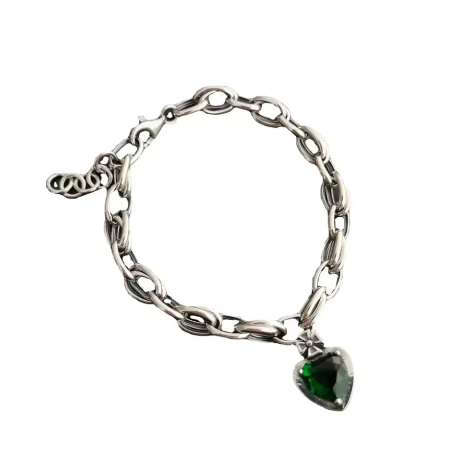 Green Crystal Gemstone Silver Charm Bracelet