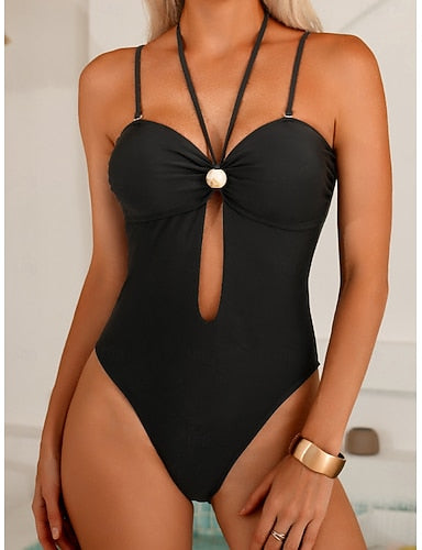 Swimwear One Piece Monokini Swimsuit Tummy Control High Waist Slim Backless Vacation Beach Wear Color Halter Neck Sleeveless Bathing Suits