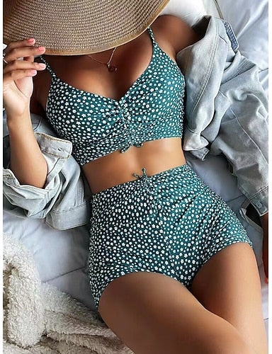 Tankini 2 Piece Swimsuit Ruched Shorts Tummy Control High Waist Slim Backless Vacation Beach Wear Graphic V Neck Sleeveless Bathing Suits