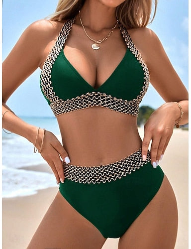 Bikini 2 Piece Swimsuit Colorblock Briefs Slim Backless Vacation Beach Wear Color Halter Neck Sleeveless Bathing Suits