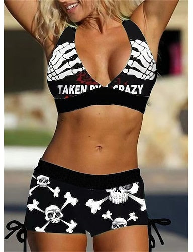 Bikini 2 Piece Swimsuit Open Back Printing Skull White Blue Purple Red V Wire Bathing Suits New Vacation Holiday / Modern / Letter / Flower / Padded Bras