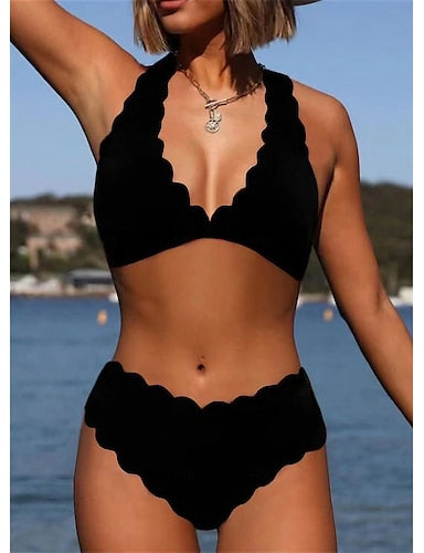 Swimwear Bikini 2 Piece Cheeky Swimsuit Backless Halter Vacation Pure Color V Wire Sleeveless Bathing Suits