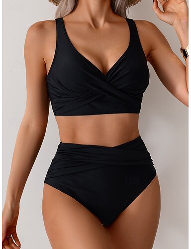Swimwear Bikini 2 Piece Swimsuit Ruched Backless Vacation Beach Wear Plain V Neck Sleeveless Bathing Suits