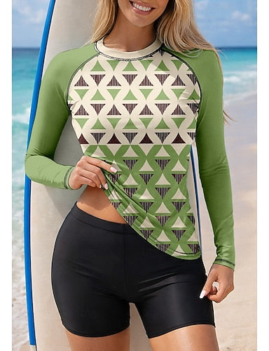 Rash Guard Swimsuit Rash Guard Tankini Swimsuits Geometric 2 Piece Removable Pad Boyleg Uv Sun Protection Upf50+ Elastic Long Sleeve Swimwear Sun Shirt Surfing Canoeing Water Sports Summer