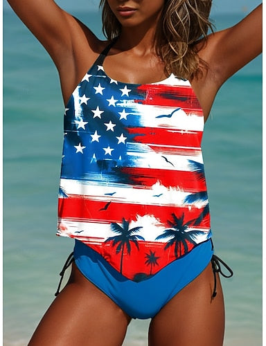Independence Day American Swimwear Bikini 2 Piece Cheeky Swimsuit Slim Backless Vacation Beach Wear Graphic Flag V Neck Sleeveless Bathing Suits