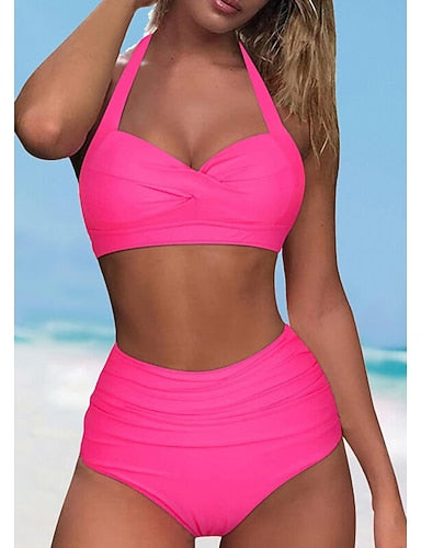 Swimwear Bikini Shorts Swimsuit Halter 2 Piece Criss Cross Stylish Push Up Plain Sleeveless Bathing Suits