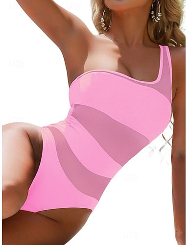 Swimwear One Piece Monokini Swimsuit Mesh Tummy Control High Waist Slim Backless Vacation Beach Wear Color V Neck Sleeveless Bathing Suits