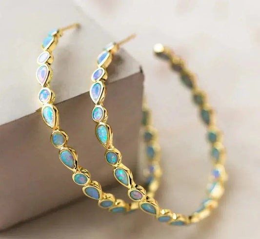 Blue Opal Golden Hoop Earrings