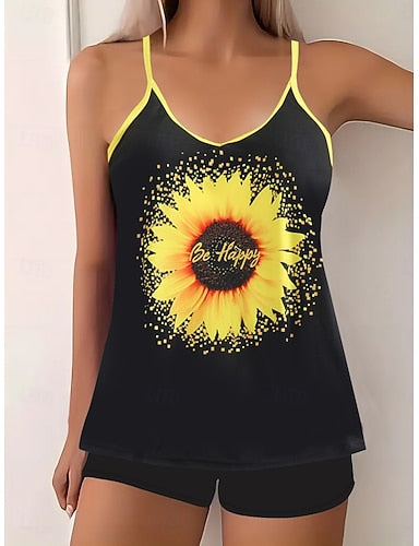 Tankini 2 Piece Swimsuit Palm Boy Leg Tummy Control High Waist Slim Backless Vacation Beach Wear Sunflower V Neck Sleeveless Bathing Suits