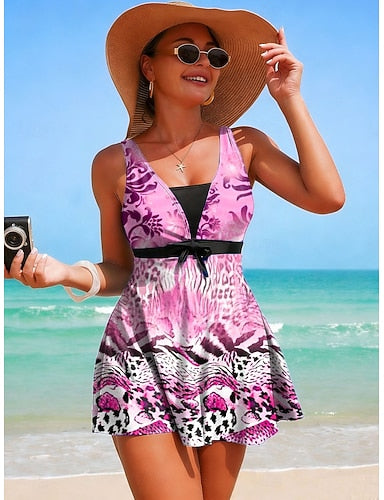 Tankini 2 Piece Swimsuit With Skirt Skirt Tie Front Vacation Beach Wear Graphic V Neck Sleeveless Bathing Suits