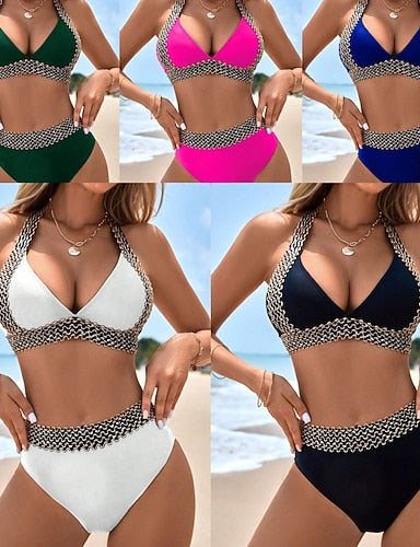 Bikini 2 Piece Swimsuit Colorblock Briefs Slim Backless Vacation Beach Wear Color Halter Neck Sleeveless Bathing Suits