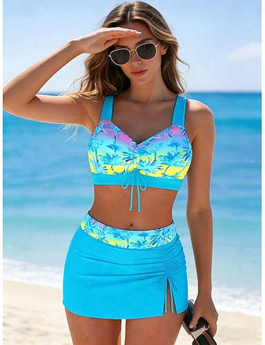 Swimwear Tankini 2 Piece Skirt Swimsuit Vacation Graphic Tropical V Neck Sleeveless Bathing Suits