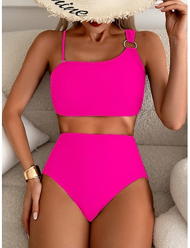 Bikini 2 Piece Swimsuit Cheeky Slim Backless Vacation Color Halter Neck Sleeveless Bathing Suits